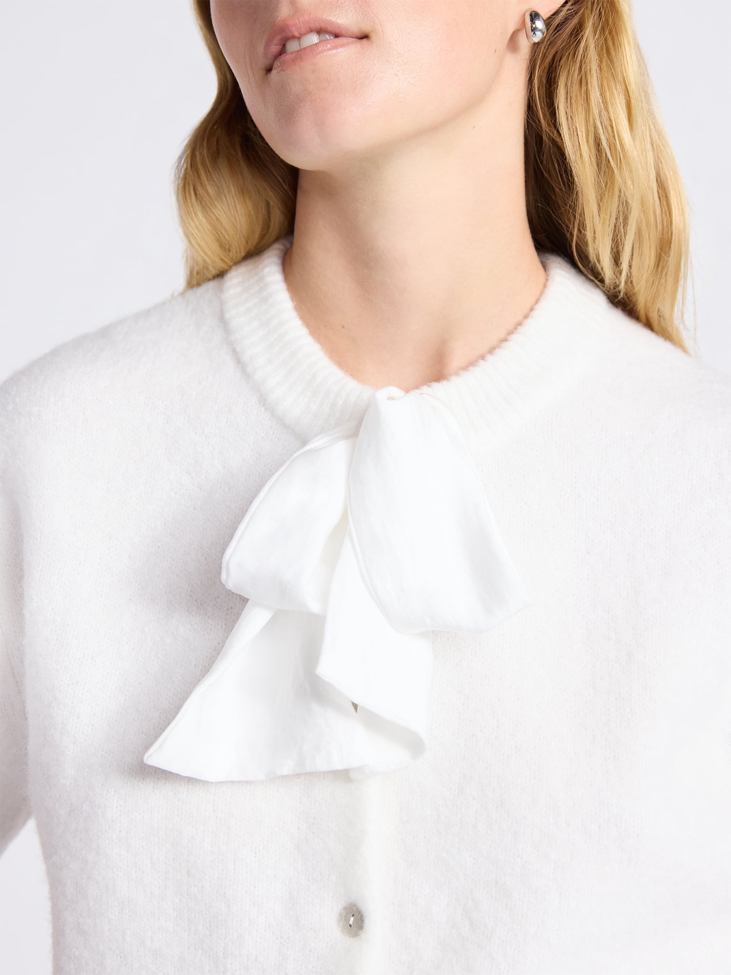 Free Assembly Women's Button-Front Bow Sweater with Short Sleeves, Midweight, Sizes XS-XXL