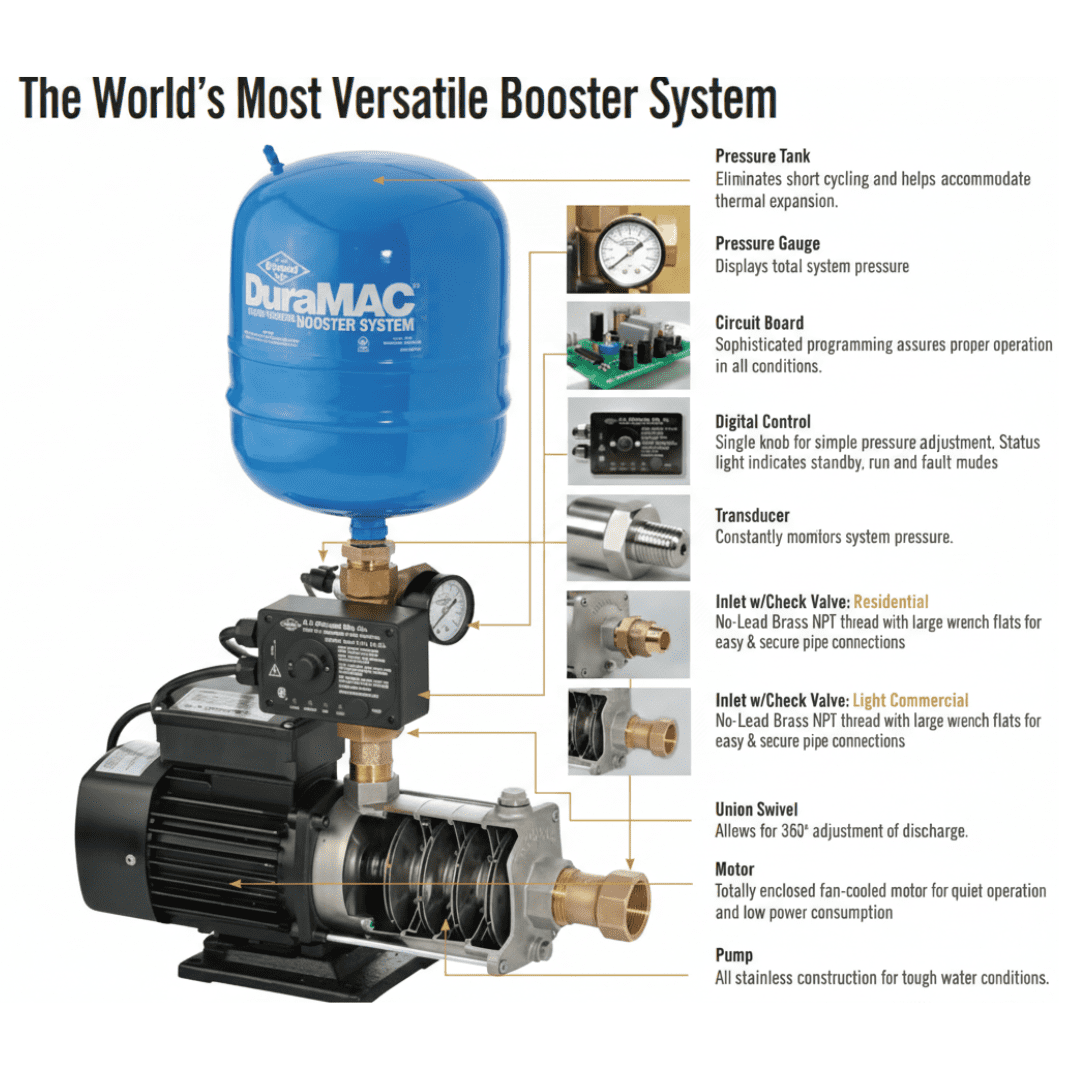 DuraMAC Residential Booster Pump Water Pressure System 35 PSI 120 V 1/2HP Model 17035R020PC1, Water Pressure Booster with 1″ Inlet/Outlet, No-Lead Brass Stainless Steel Components