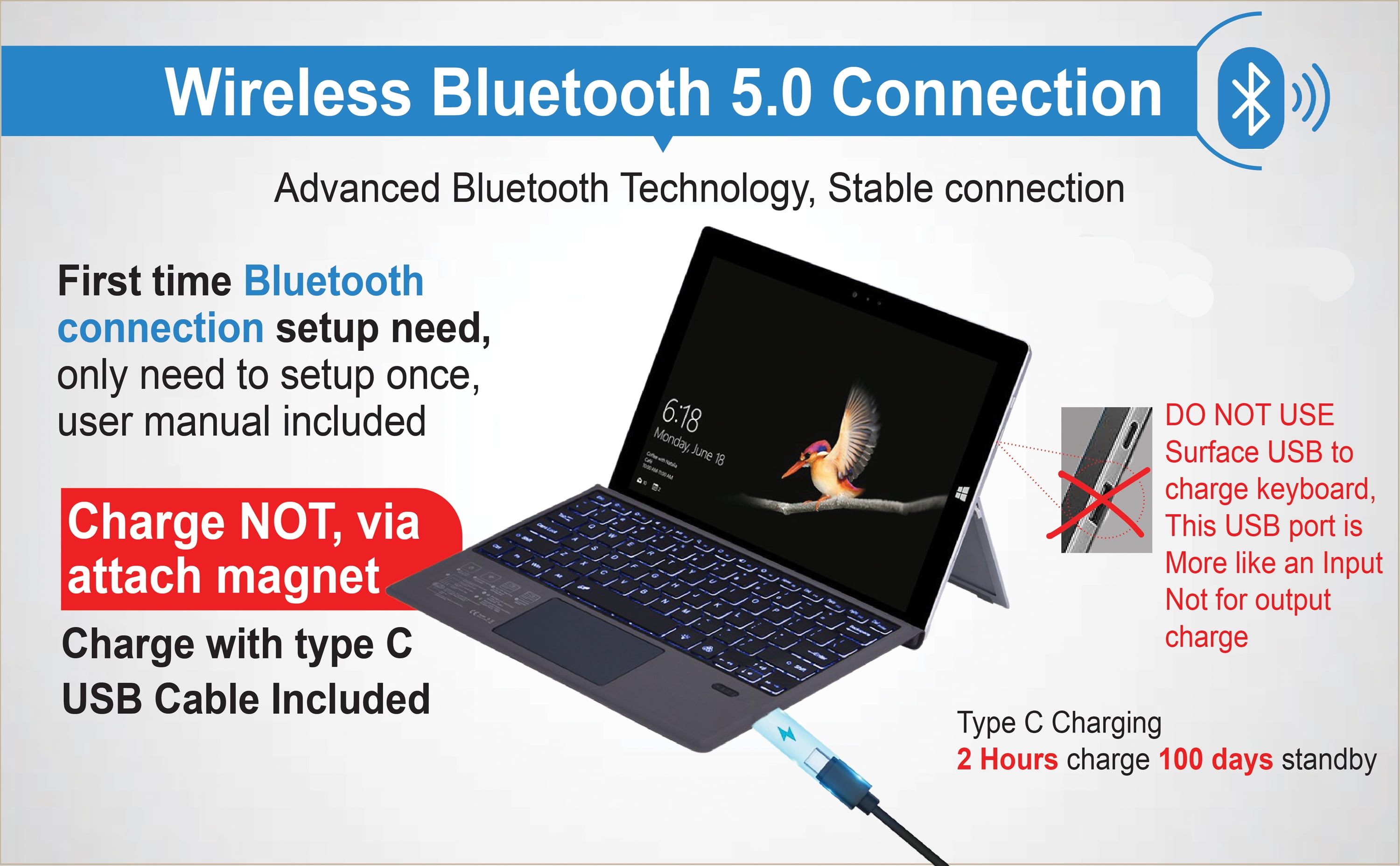 Keyboard Replacement Type Cover Trackpad Mouse for Microsoft Surface Pro 7+ 7 Pro 6 Pro 5 Pro 4 & 3