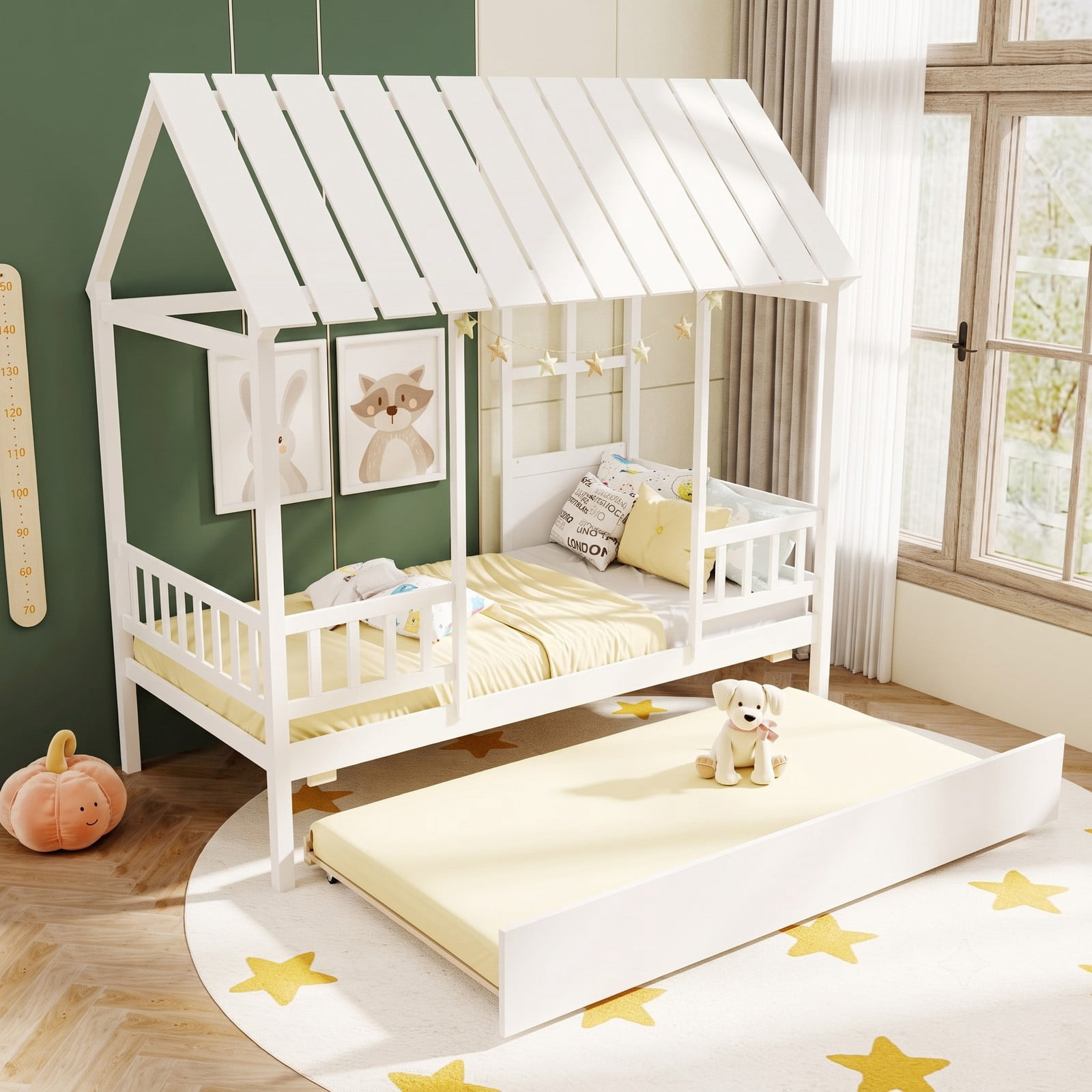 Furnibear Twin Size House Bed Frame with Trundle and Roof and Guardrail for Kids Bedroom, Space-Saving Platform Bed, White