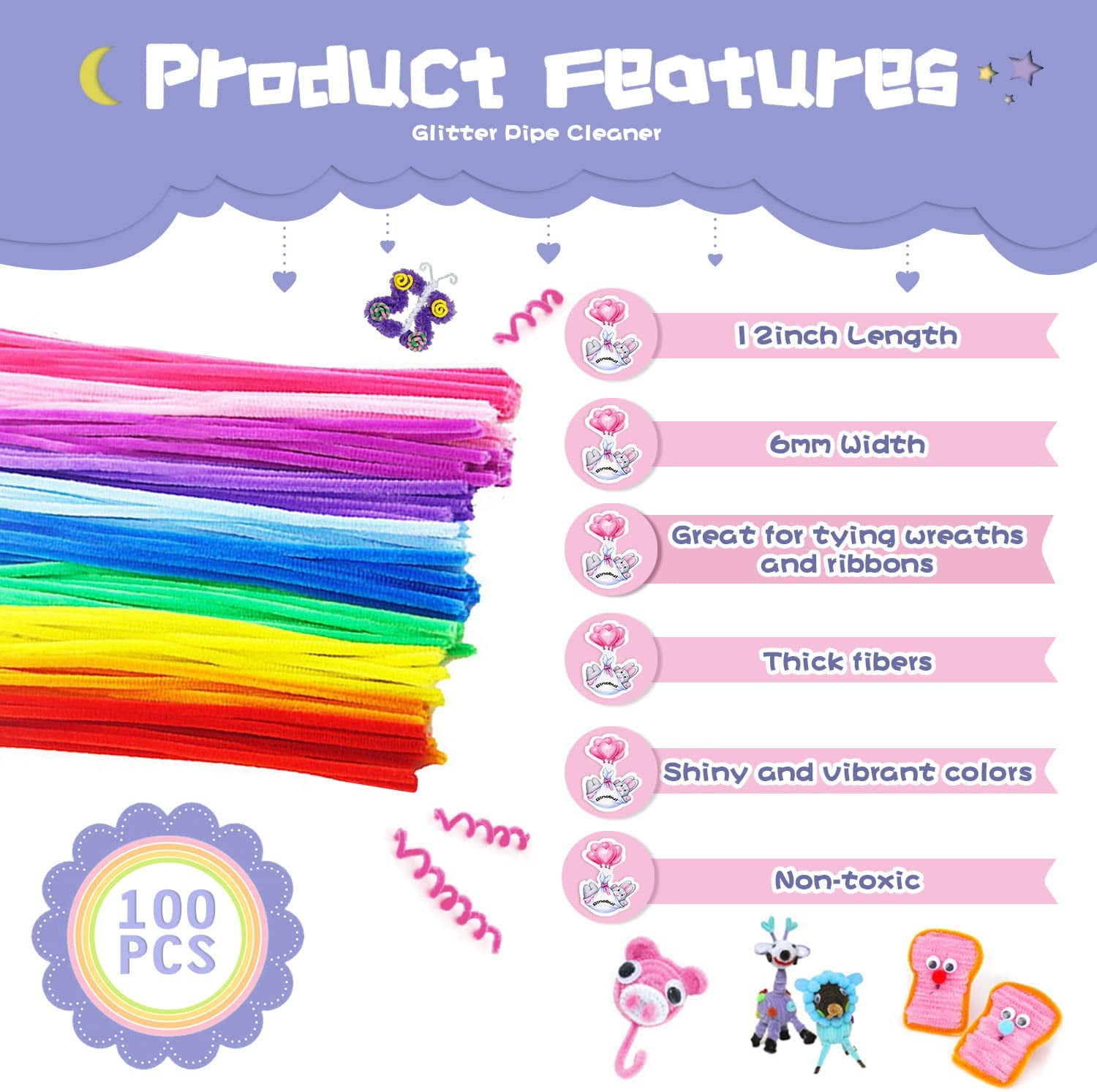 100pcs 6x300mm Chenille Stems Pipe Cleaners Kids Plush Toy