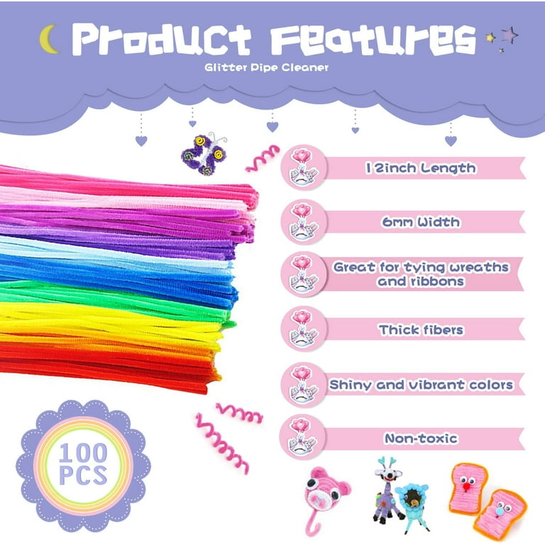 100Pcs Glitter Chenille Stems Pipe Cleaners Multicolor Chenille Cleaners  DIY Craft Projects DIY Kids Fuzzy Sticks
