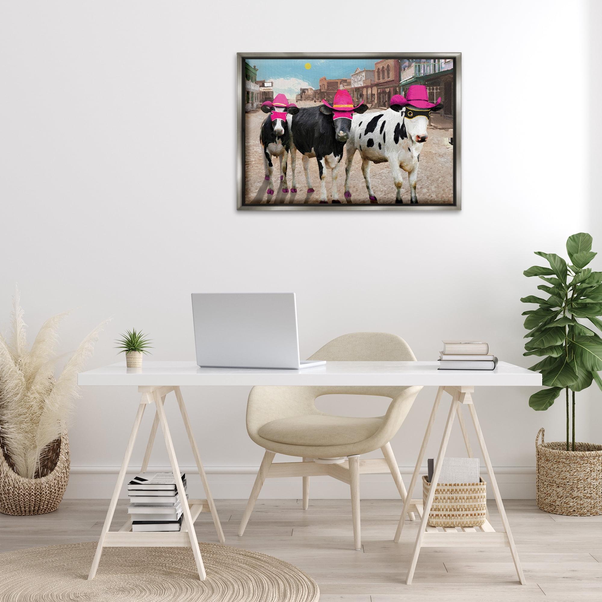 Stupell Industries Superhero Cows in Town Scenery Painting Gray Floater Framed Canvas Art Print Wall Art, 31 x 21