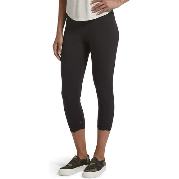 HUE Womens Embroidered Eyelet Hem Cotton Capri Leggings X-Small Black - Embroidered Eyelet