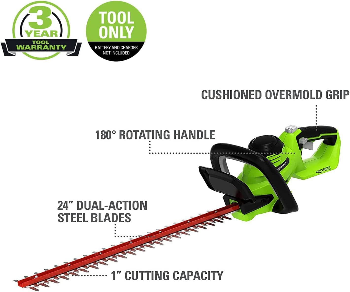 Greenworks 40V 24" Hedge Trimmer (1" Cutting Capacity), Battery Not Included HT40B02