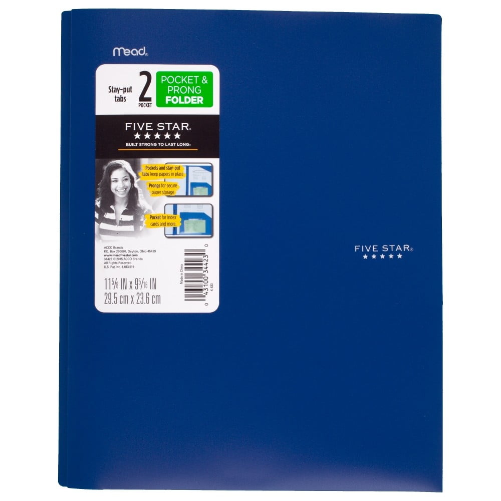 Five Star 2 Pocket Plastic Folder with Prongs Blue