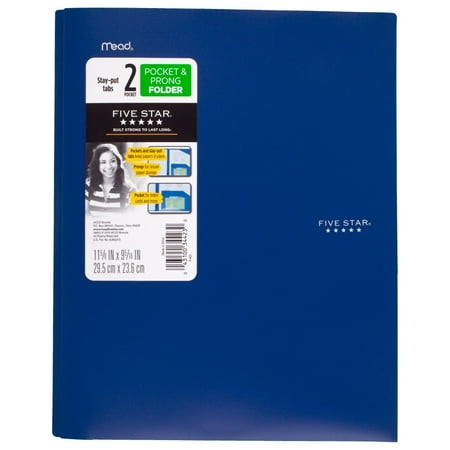 Five Star 2 Pocket Plastic Folder with Prongs Blue