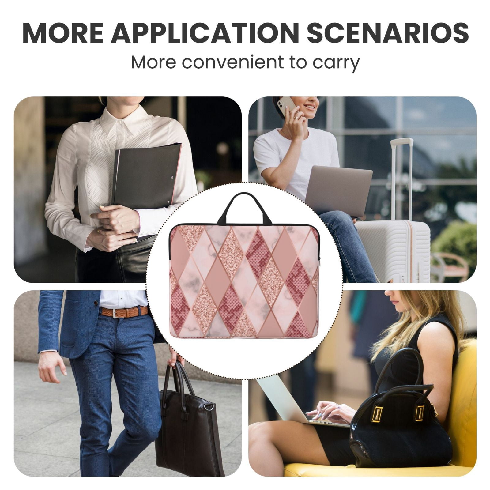 Laptop Sleeve Case Bag Protective Carrying Case with Handle for 14 inch Laptop, Rose Gold Marble Snakeskin Geometric