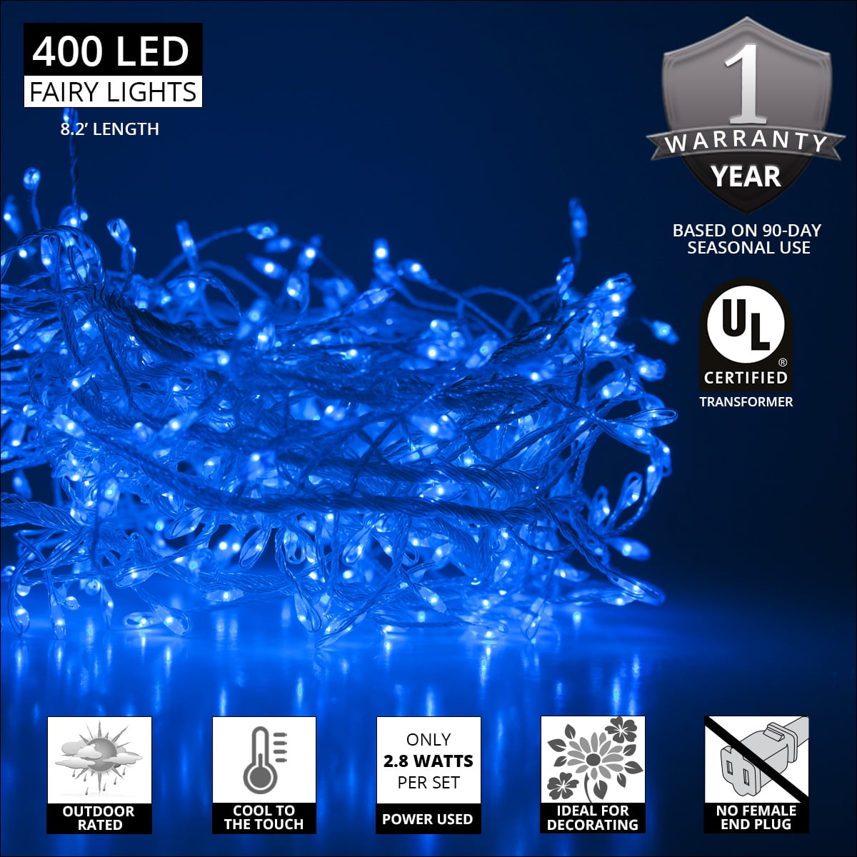 Wintergreen Lighting LED Fairy String Lights, Plug In Bedroom Fairy Lights, 400 Fairy Lights, 8.2 Ft Strand Length (Blue Lights on Silver Wire)
