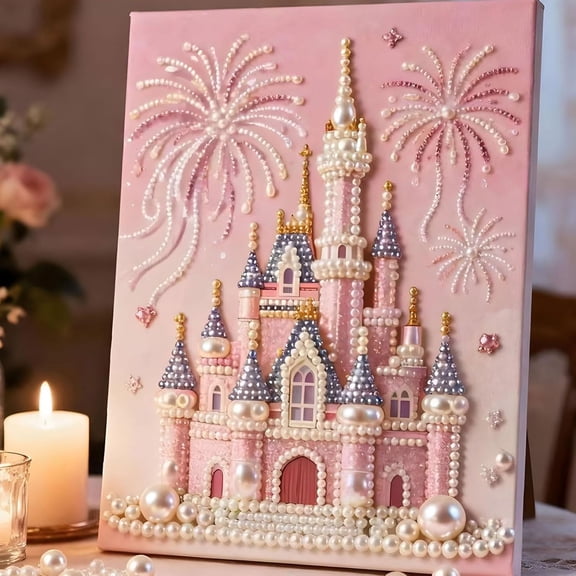 DIY Castle Pearl Painting Kit, 3D Plastic Pearl Beads Art Canvas for Wall Decor, Craft Kit for Adults & Beginners