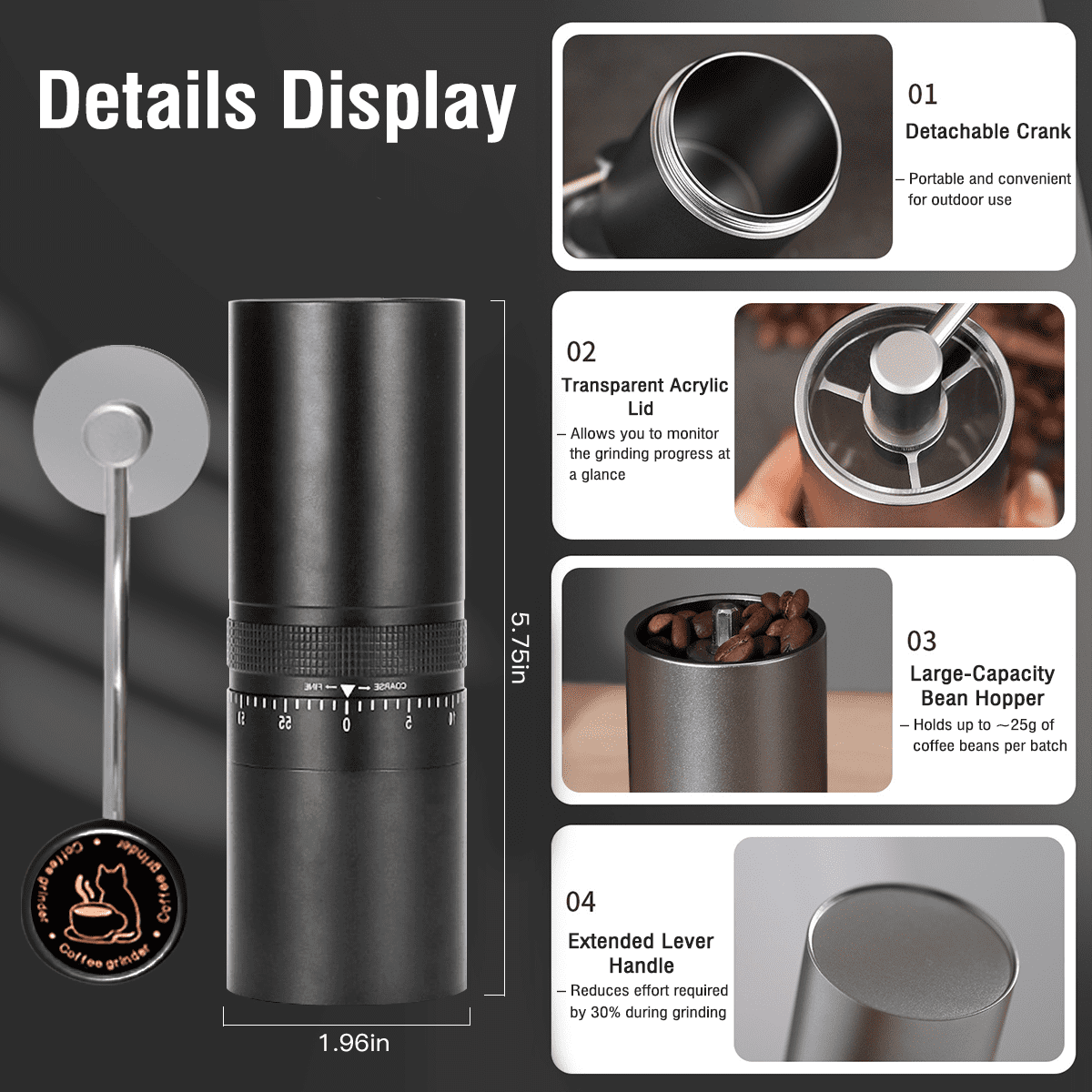 Manual Stainless Steel Coffee Grinder - 60 Adjustable Settings, Detachable Hand Crank, Portable Grinder for Espresso/French Press, Home & Travel Use