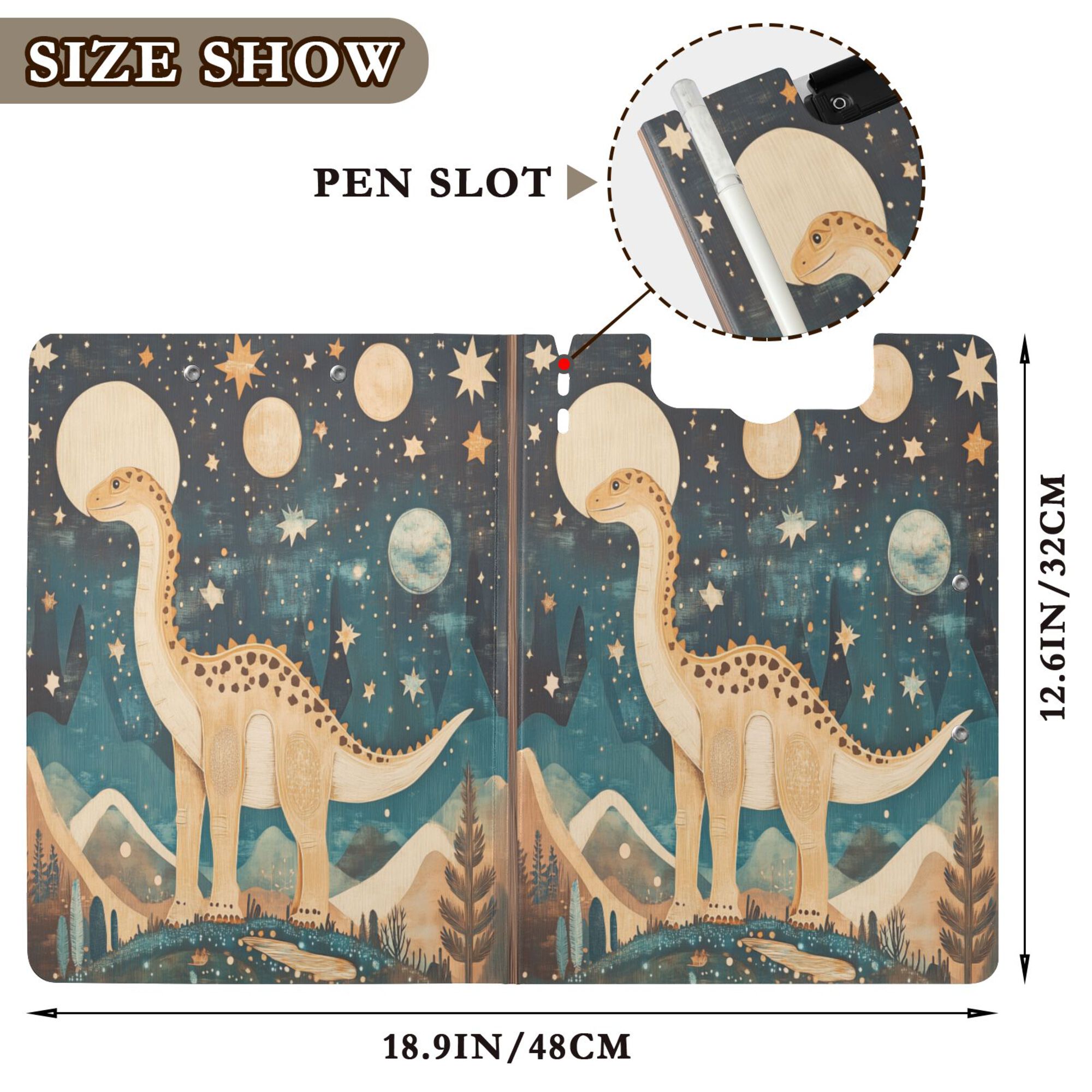 FORMRS A4 Clipboard Folder with Pen Holder Horizontal Foldable School Office Binder, Dinosaur at Night