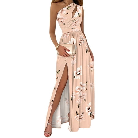 

Calsunbaby Women One Shoulder Dress Summer Ladies Floral Tie Dye Pattern Sleeveless Split Hem Pleated High Waist One Piece Skirt