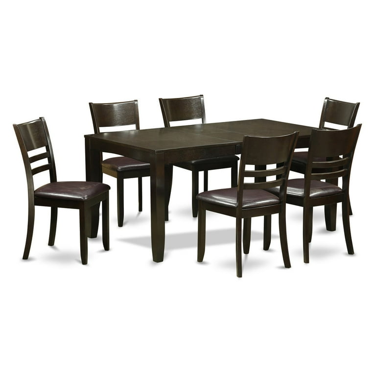 East West Furniture Dining Set Table Table With Leaf And Dining Chairs Finish Espresso Number of Items 7 Shape Rectangular Style Wood Seat