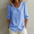 thumbnail image 5 of Vivianyo HD Women's Striped Peter Pan Collar Blouse, Puff 3/4 Sleeve Button Top for Women, Women's Blue, Sizes S-2XL, 5 of 8