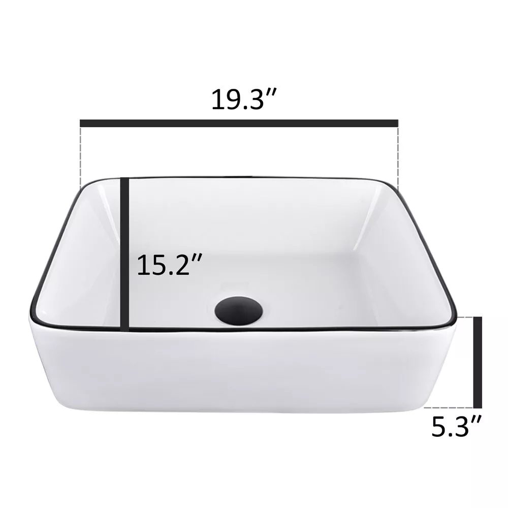 FULLWATT Bathroom Ceramic Sink Vanity Vessel Basin Porcelain Faucet Drain Combo Rectangle,White
