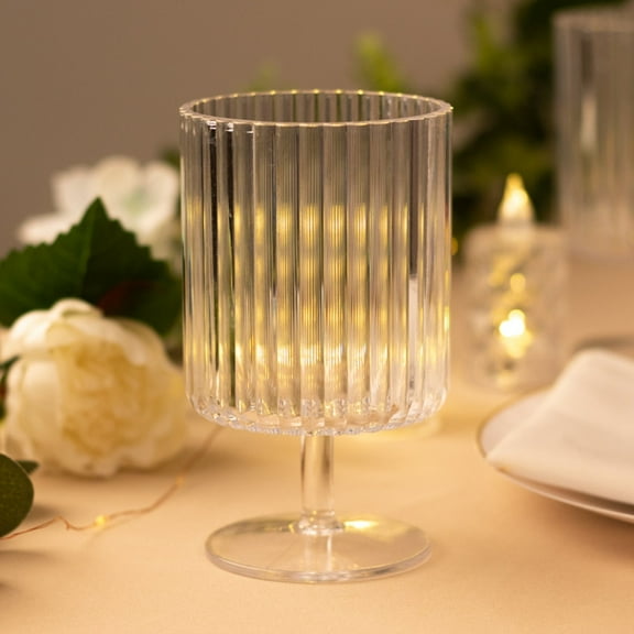 Balsa Circle 6 Clear 12 oz Plastic Wine Glasses Vintage Ribbed Pattern Short Stemmed Cocktails Dining Tableware Decorations