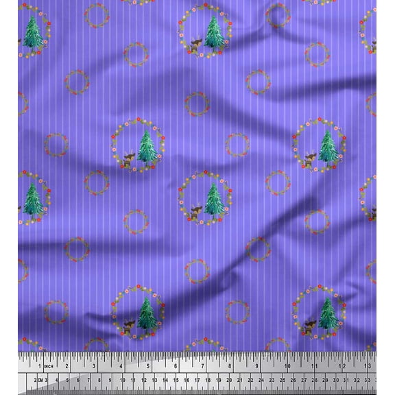 Soimoi Purple Silk Fabric Wreath & Pine Tree Stripe Print Sewing Fabric Yard 42 Inch Wide