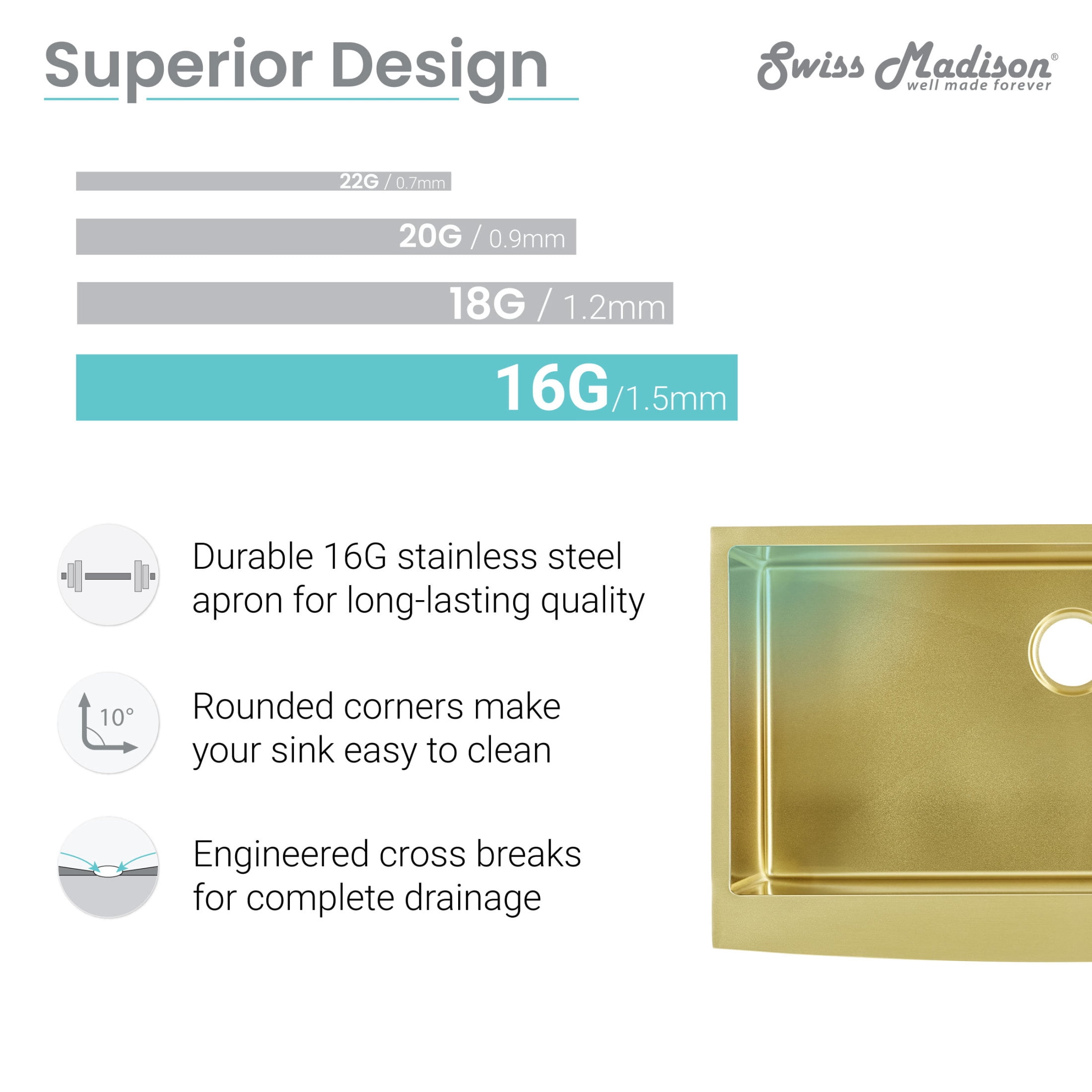 Rivage 33 x 21 Stainless Steel, Single Basin, Farmhouse Kitchen Sink with Apron in Gold