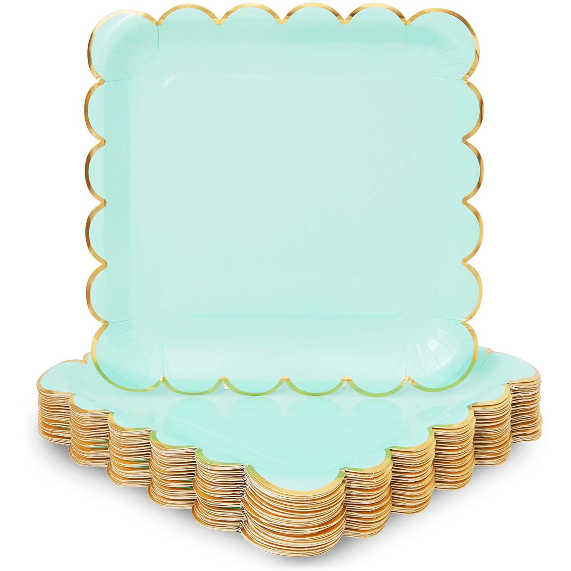 48Pack Pastel Mint Green & Gold Square Disposable Paper Dinner Plates