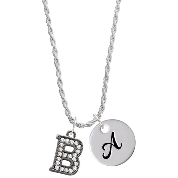 Delight Jewelry Black Nickeltone Crystal Initial - B - Beaded Border - Silvertone Script Initial Disc - A - Charm Necklace, 20" 3"