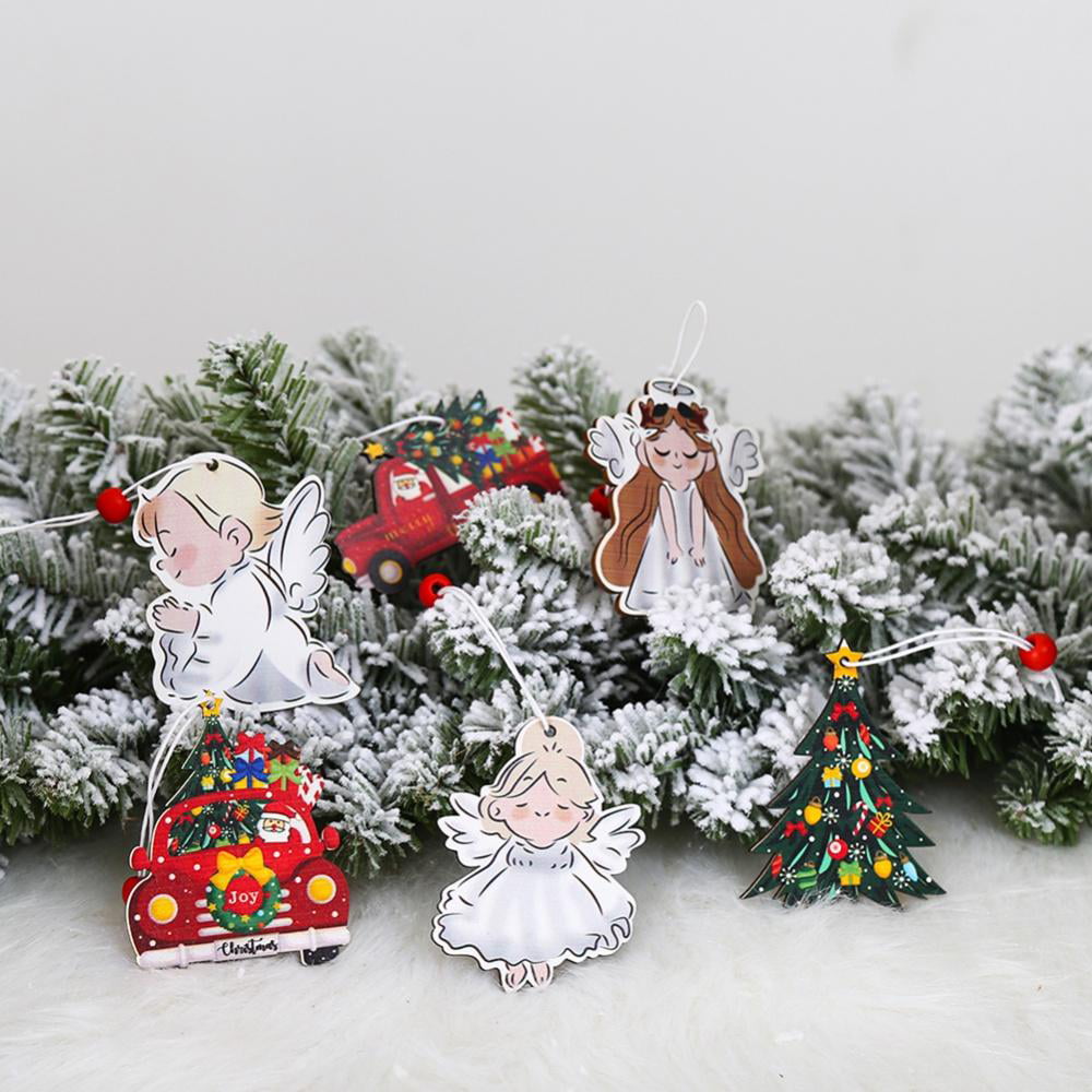 12 Pieces Christmas Ornaments Wooden Christmas Decorations Vintage Hanging Christmas Ornaments Xmas Tree Decoration with Burlap Hanging Cord Santa Claus Snowman Angel Ornaments for Farmhouse Decor