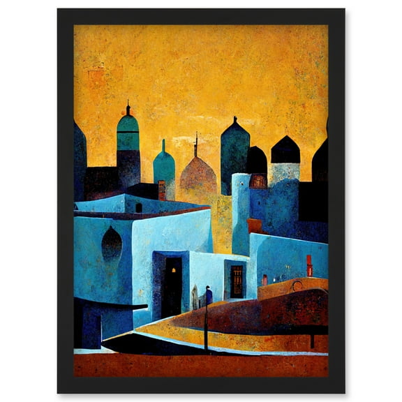 Moroccan African Cityscape Modern Blue Yellow Artwork Framed Wall Art Print A4