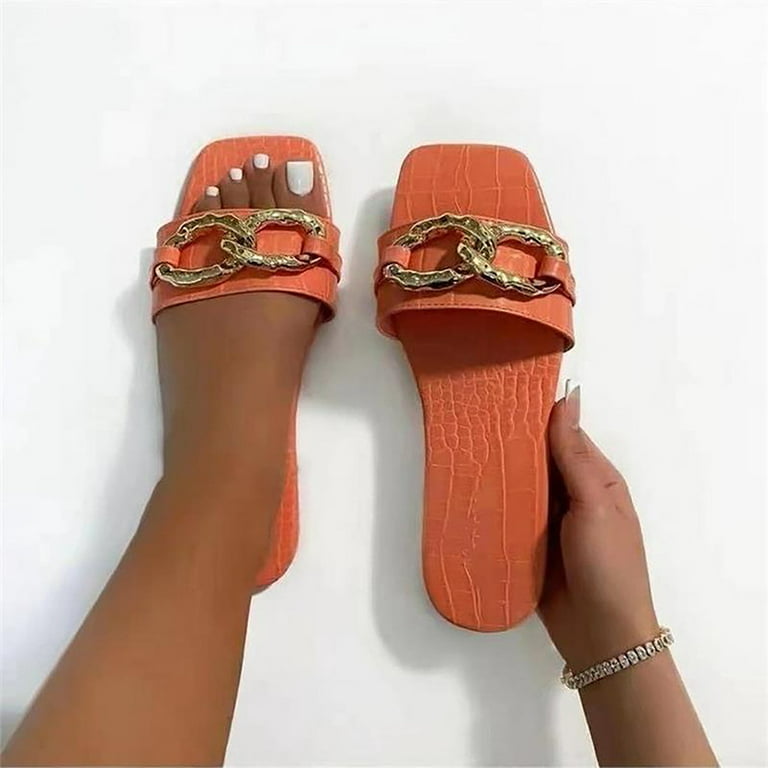 Zanvin Womens Sandals Clearance Sandals Women Casual Peep Toe Flat Heels  Shoes Metal Button Chain Summer Slippers, Orange, 43 