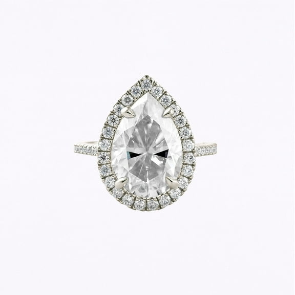 Veda Jewelry Pear Cut 1.48 Ct Moissanite Engagement Ring - 14K White Gold Plated Halo Solitaire with Accents for Women - Stylish Jewelry for Everyday Elegance - Prong Setting Ring