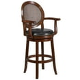 thumbnail image 1 of 30'' High Expresso Wood Barstool with Arms, Woven Rattan Back and Black Leather Swivel Seat, 1 of 9