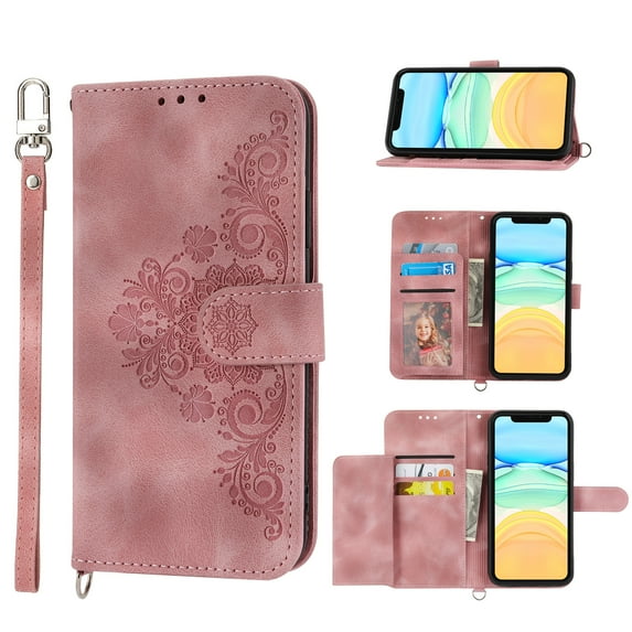 ELEHOLD for Apple iPhone 14 Shoulder Crossbody Wallet Case with Card Slots, Floral Embossed PU Leather Wallet Flip Protective Kickstand Wrist Strap Cover, pink