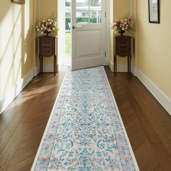 Christmas Holiday Décor Washable Area Rug for Living Rooms, Vintage Floral Rug with Non Slip Rubber Backing, Stain Resistant Soft Thin Low Pile Carpet, Indoor Non Shedding Floor Covering