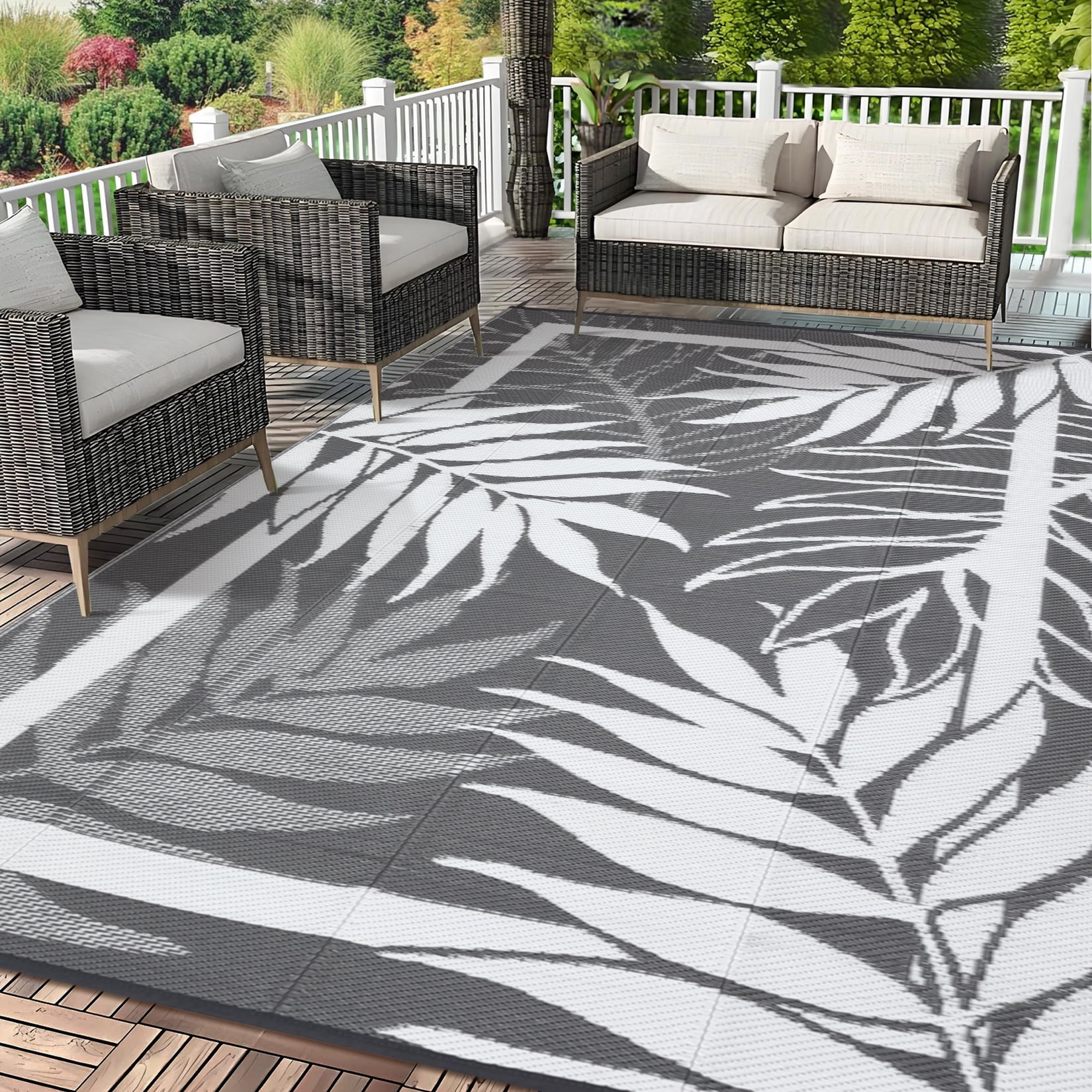 Soonbuy 9x18FT Outdoor Rug with Palm Leaf Pattern, Waterproof Reversible Patio Carpet, Fade Resistant Outdoor Area Rug with Heavy Duty Non-Slip Backing for Deck, Backyard, Pool, Porch, Living Room