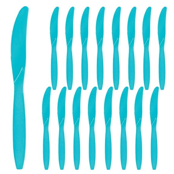 Party City Disposable Plastic Knives, 16 Count (Caribbean Blue) - Go Brightly Heavy Duty Classic Reuseable Plastic Knife - Premium Party Supplies Cutlery