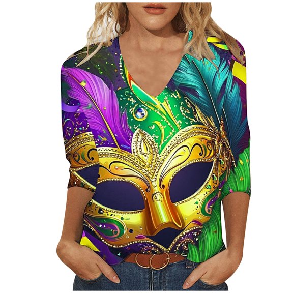 YUGYXL Womens Lounge Mardi Gras 3/4 Sleeve Shirts Casual Plus Size Loose Comfy Blouse Novelty V Neck Printed Blouse Ladies Tunic Fit Tees Celebration Tops Sales