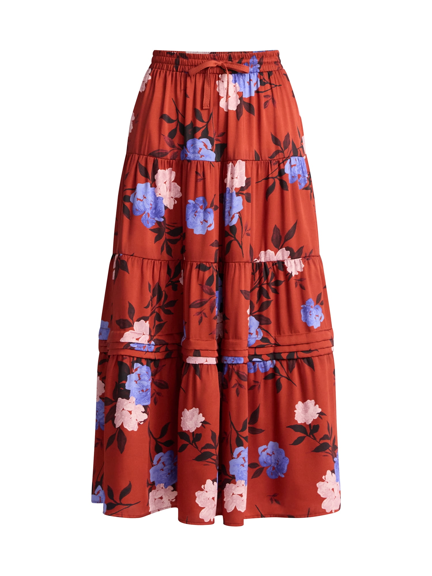 Time and Tru Women's Print Tiered Pull On Midi Skirt, Sizes XS-XXXL