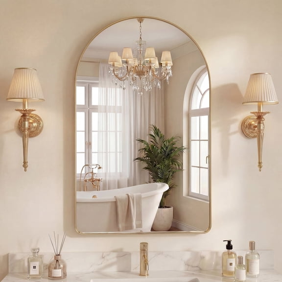 Sweetcrispy 20"X30" Arched-Top Rectangular Wall-Mounted Mirror – Aluminum Frame, HD Tempered Glass, Perfect for Bathroom, Bedroom & Living Room, Gold