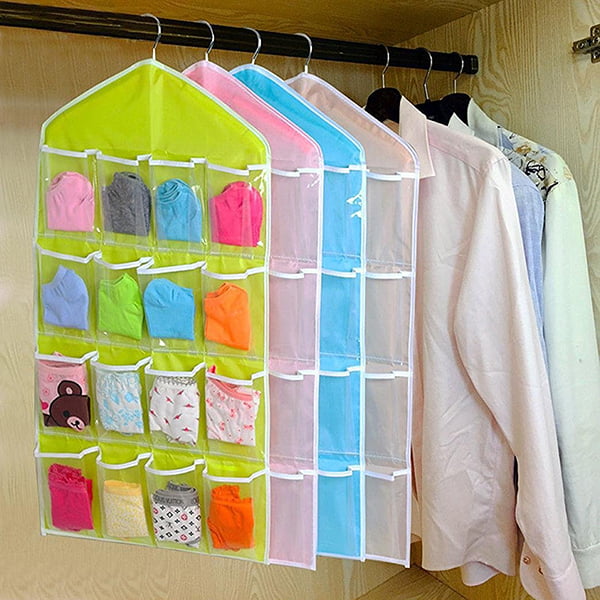 QEES Hanging Sleeves with 16 Pockets jewelry or Socks Closet Hanging Organizer Hanging Bag for Underwear Blue Stocking 