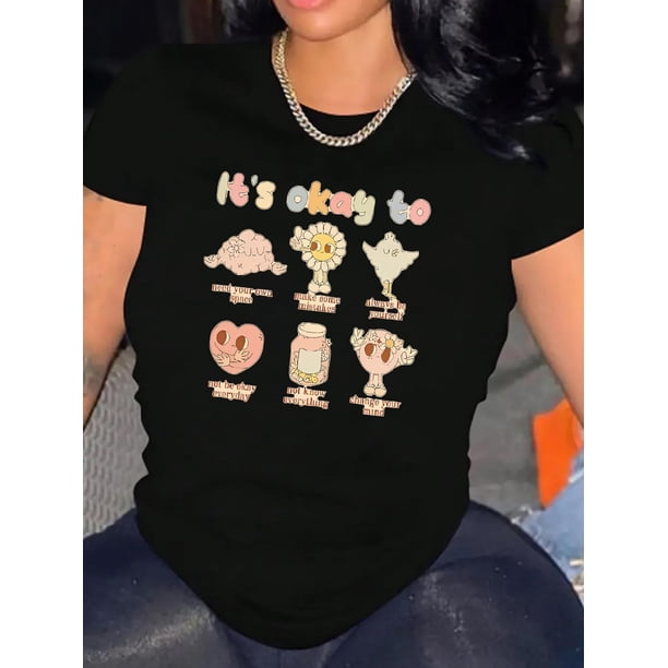 Camiseta gráfica con cita inspiradora para mujer. Camiseta informal de algodón con cuello redondo y elasticidad media. Camiseta de manga corta con estampado de eslogan "It's Okay To" para todas las es