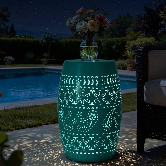 Omniberg Outdoor Solar Side Tables with Built-in Light, Metal Coffee Table with Hollowed-out Flower Design, All-Weather Hollow Drum Bistro End Tables for Patio, Porch, Garden, Indoor, Blue