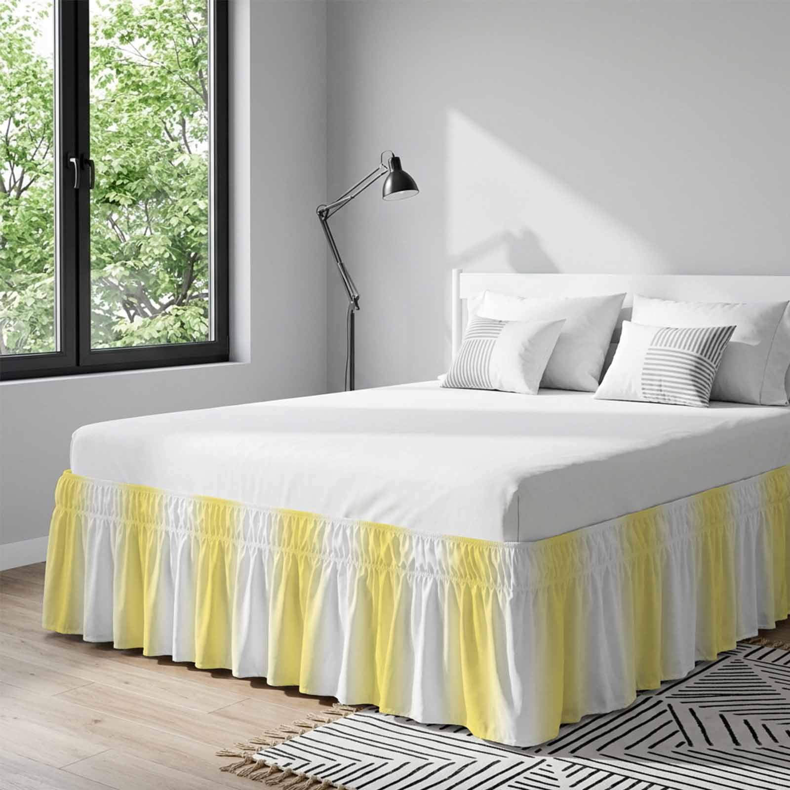 Lemon Yellow White Bed Skirt Queen Size, Gradient Vertical Stripes Geometric Wrap Around Bed Skirting with Adjustable Elastic Strap, Dust Ruffle Pleated Bedskirts 16 Inch Drop for Bedroom Queen Beds