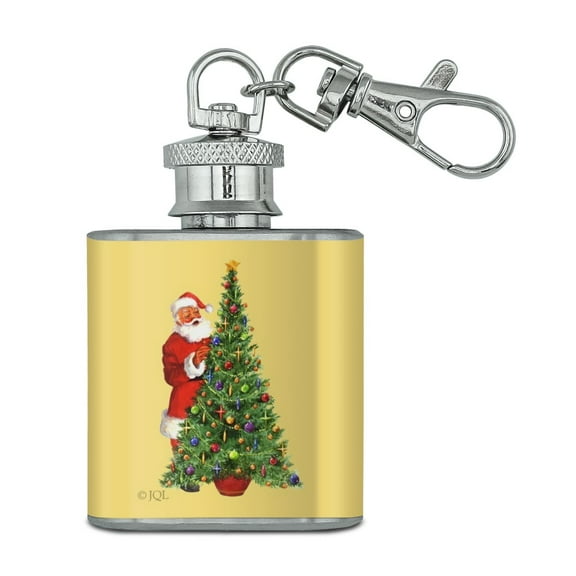 Christmas Holiday Santa Decorating Tree Stainless Steel 1oz Mini Flask Key Chain