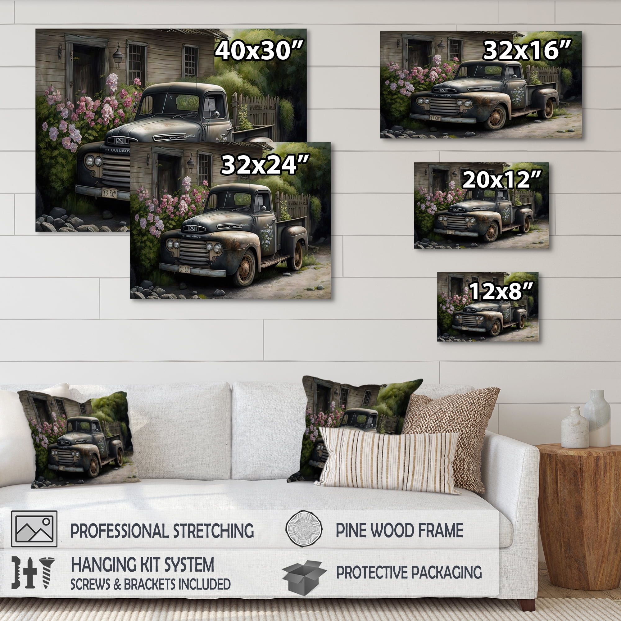 Designart Vintage Car At The Barn Canvas Wall Art