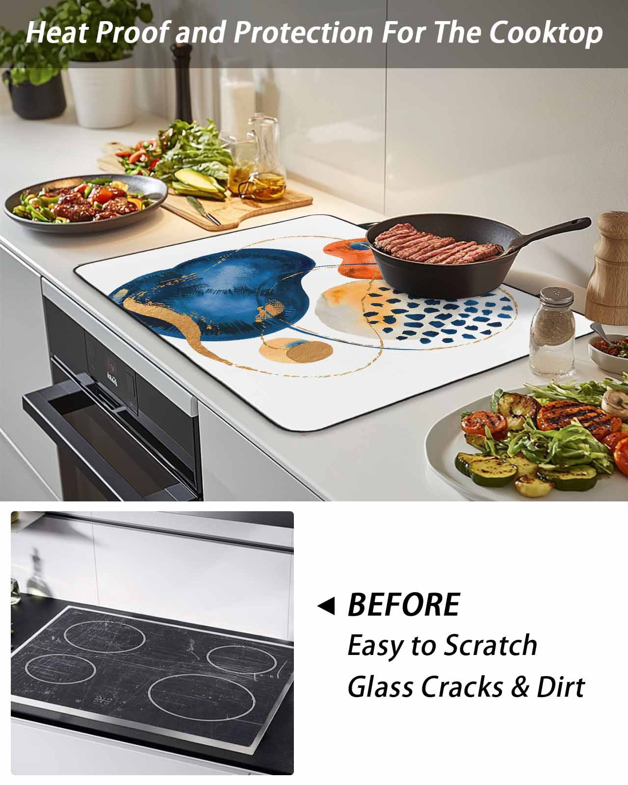 Stove Top Covers for Electric Stove, Orange Blue Boho Glass Stovetop Cover Protector, Ethnic Abstract Geometric Striped Induction Cooktop Protector Oven Mat for Kitchen Countertop 24"x21"