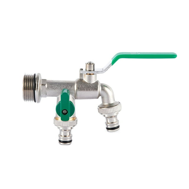Conector de latón para manguera, doble salida, diseño desmontable, válvula verde reforzada, ideal para agua potable y jardín, 25mm, acabado en níquel.