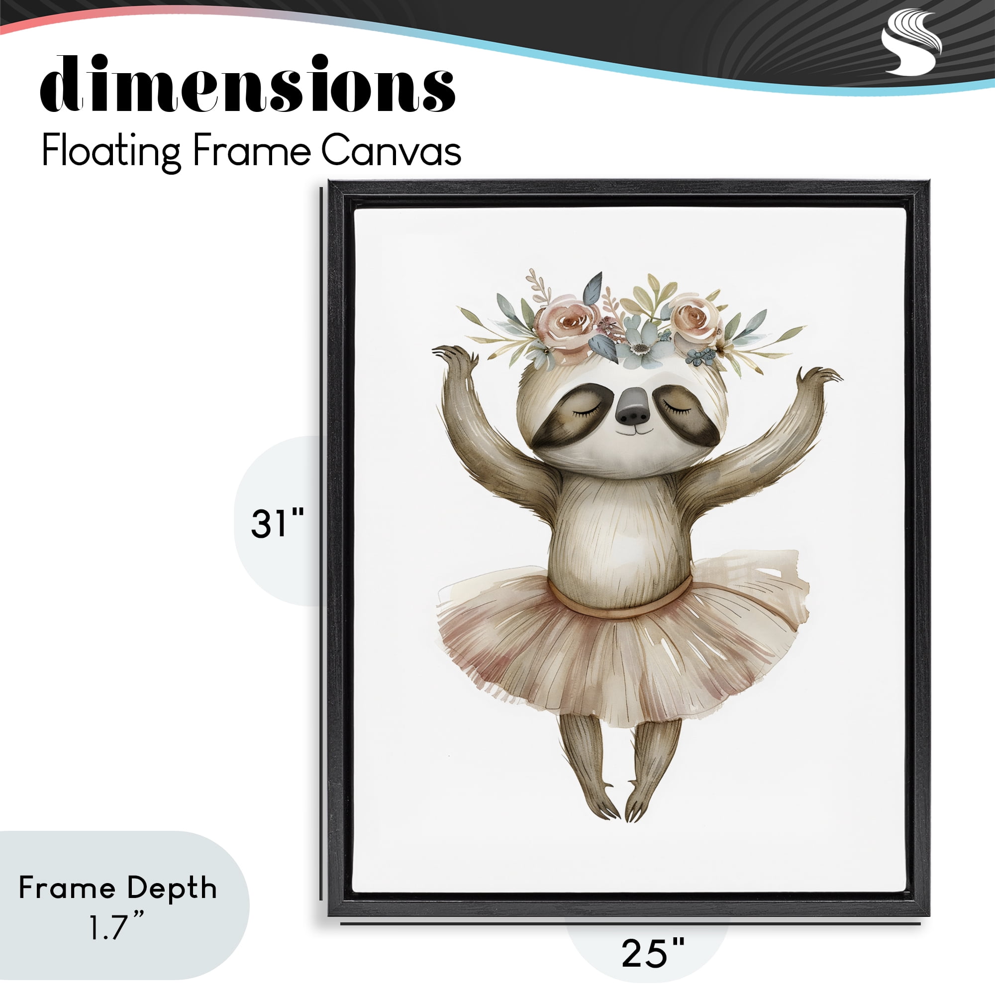 Stupell Industries Dreamy Sloth Ballet with Flowers Black Framed Floater Canvas Wall Art, design by LSR Design Studio
