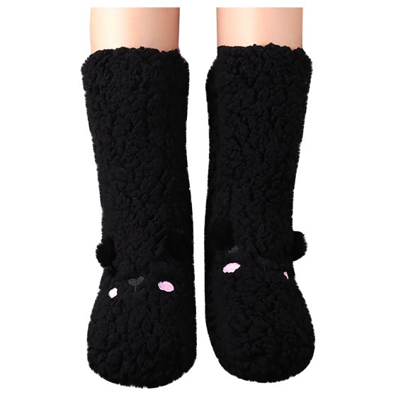 Warm Thick Knee High Socks for Women - Plush Fuzzy Sleeping Socks, Cozy Floor Slipper Socks with Soft Lining, Winter Home Lounge Boot Socks for Cold Weather Indoor Wear Black