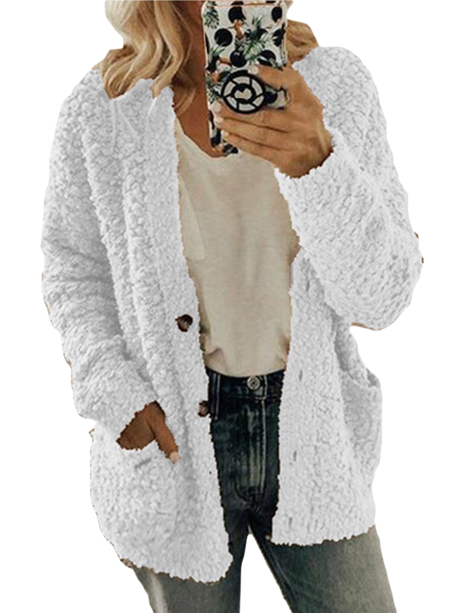 Asvivid Womens Lapel Zip Up Faux Fur Jacket Shearling Fuzzy Fleece Jacket Teddy Bear Coat Warm Outwear with Pockets