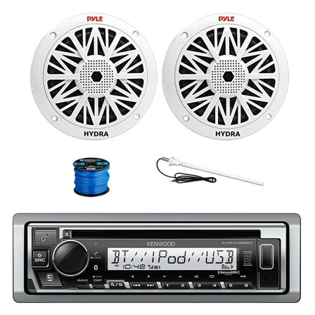 Kenwood KMR-D382BT Single DIN Marine USB Bluetooth CD Player Receiver, 2x 6.5'' 200 Watt 2-Way Full Range Outdoor Speakers with Wire, Long Range Radio Antenna