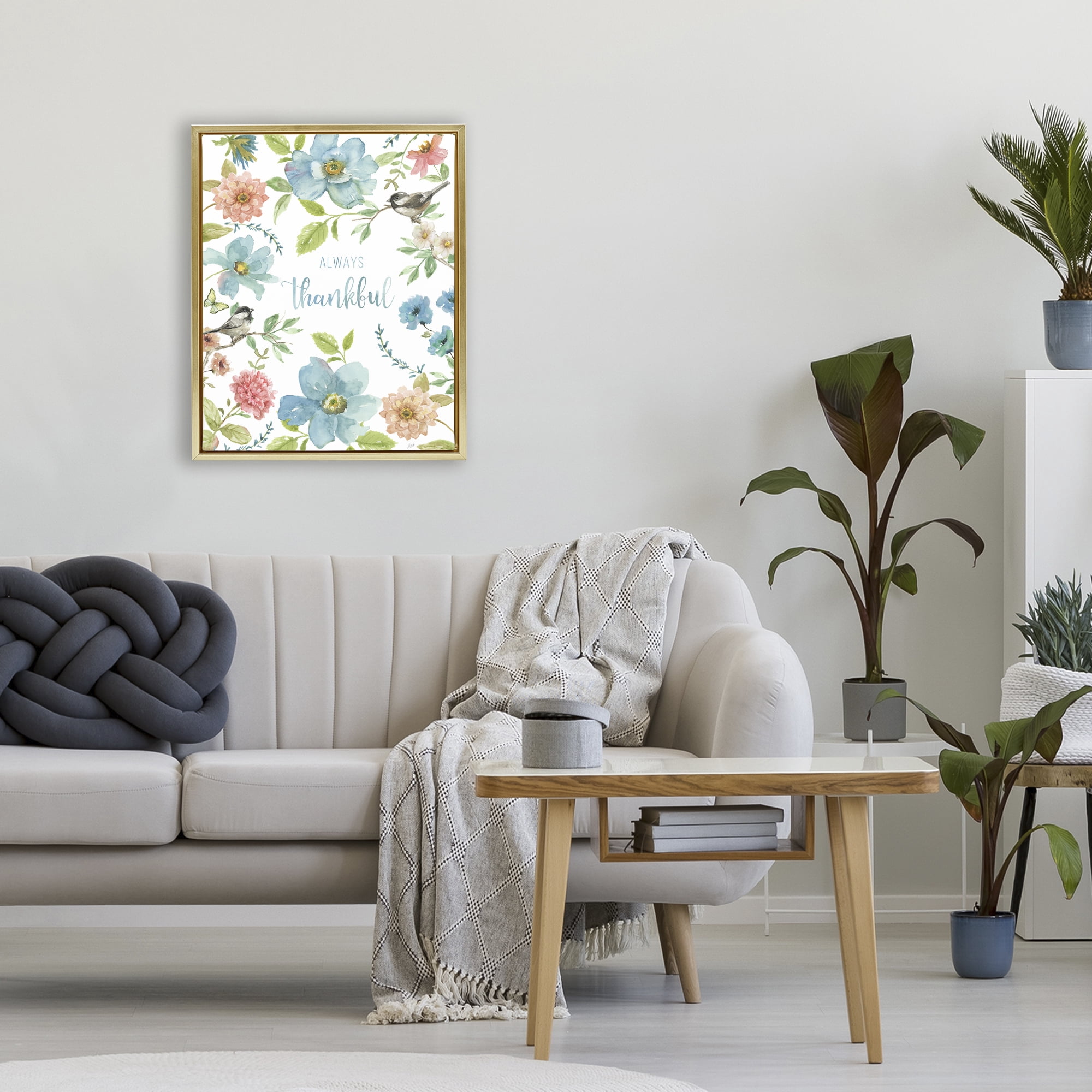 Stupell Industries Always Thankful Pink & Blue Gold Framed Floater Canvas Wall Art, design by Nan